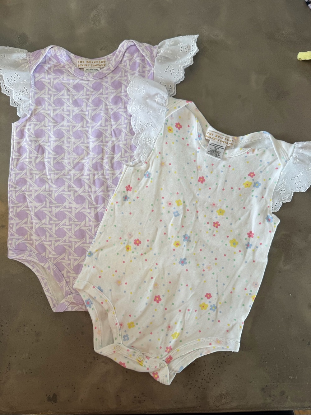 Two Baby Girl Onesies with Eyelet Ruffle Sleeves - Lavender & Floral